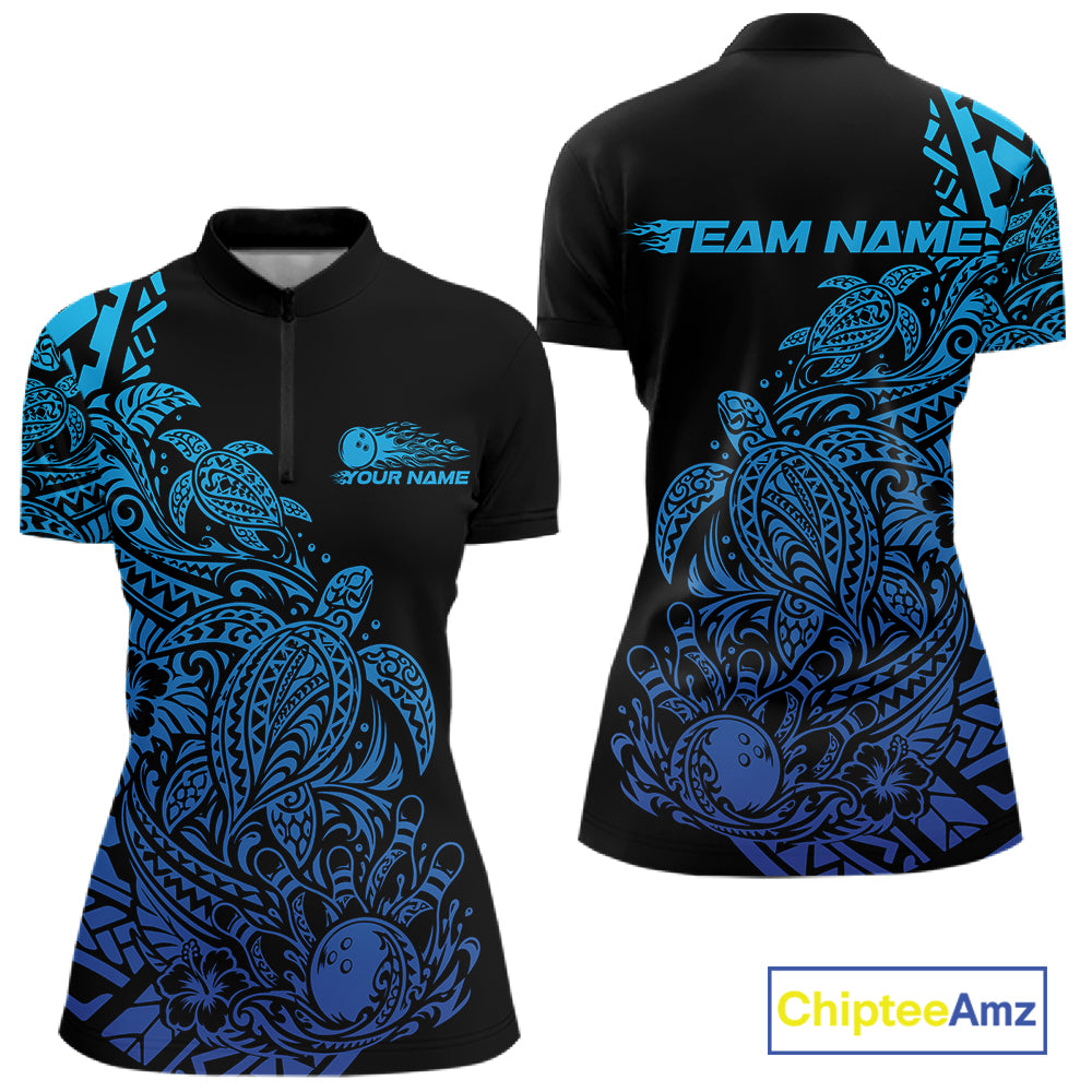 Custom Black And Blue Tribal Turtle Bowling Women Quarter-Zip, Polynesian Bowling Outfit IPHW12705