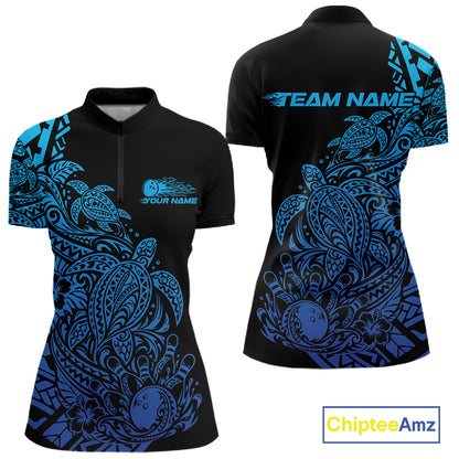 Custom Black And Blue Tribal Turtle Bowling Women Quarter-Zip, Polynesian Bowling Outfit IPHW12705