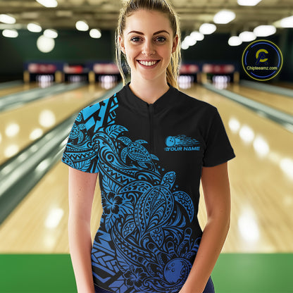 Custom Black And Blue Tribal Turtle Bowling Women Quarter-Zip, Polynesian Bowling Outfit IPHW12705