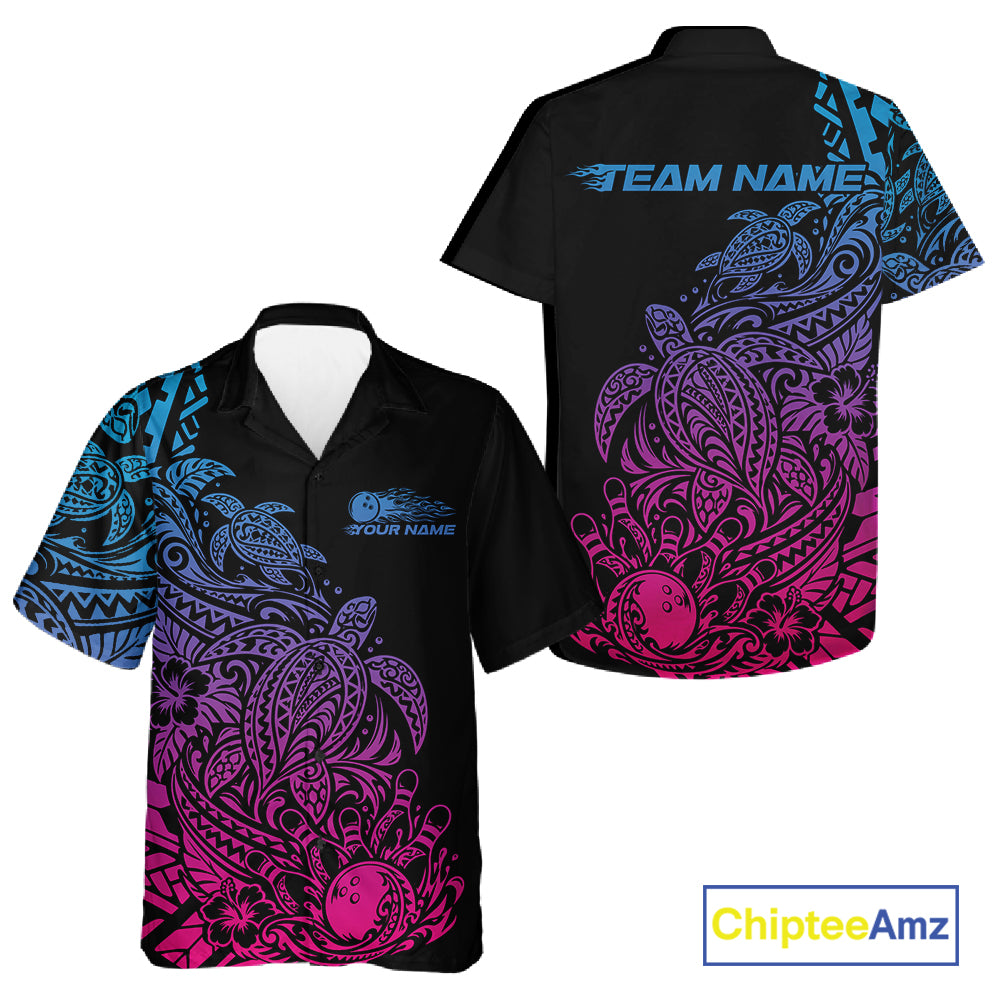 Custom Blue Purple And Pink Tribal Turtle Bowling Men And Women Button Up, Polynesian Bowling Outfit IPHW12706