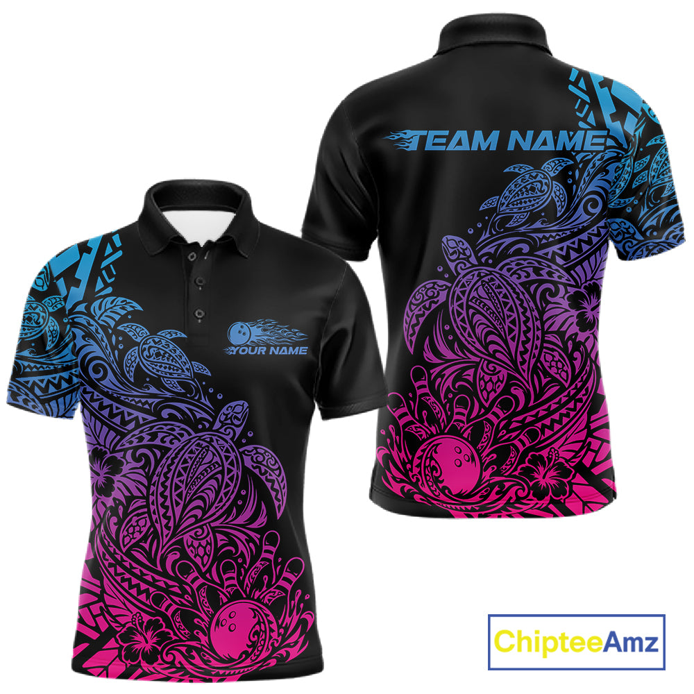 Custom Blue Purple And Pink Tribal Turtle Bowling Men Polo, Polynesian Bowling Outfit IPHW12706