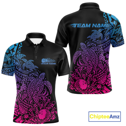 Custom Blue Purple And Pink Tribal Turtle Bowling Men Polo, Polynesian Bowling Outfit IPHW12706