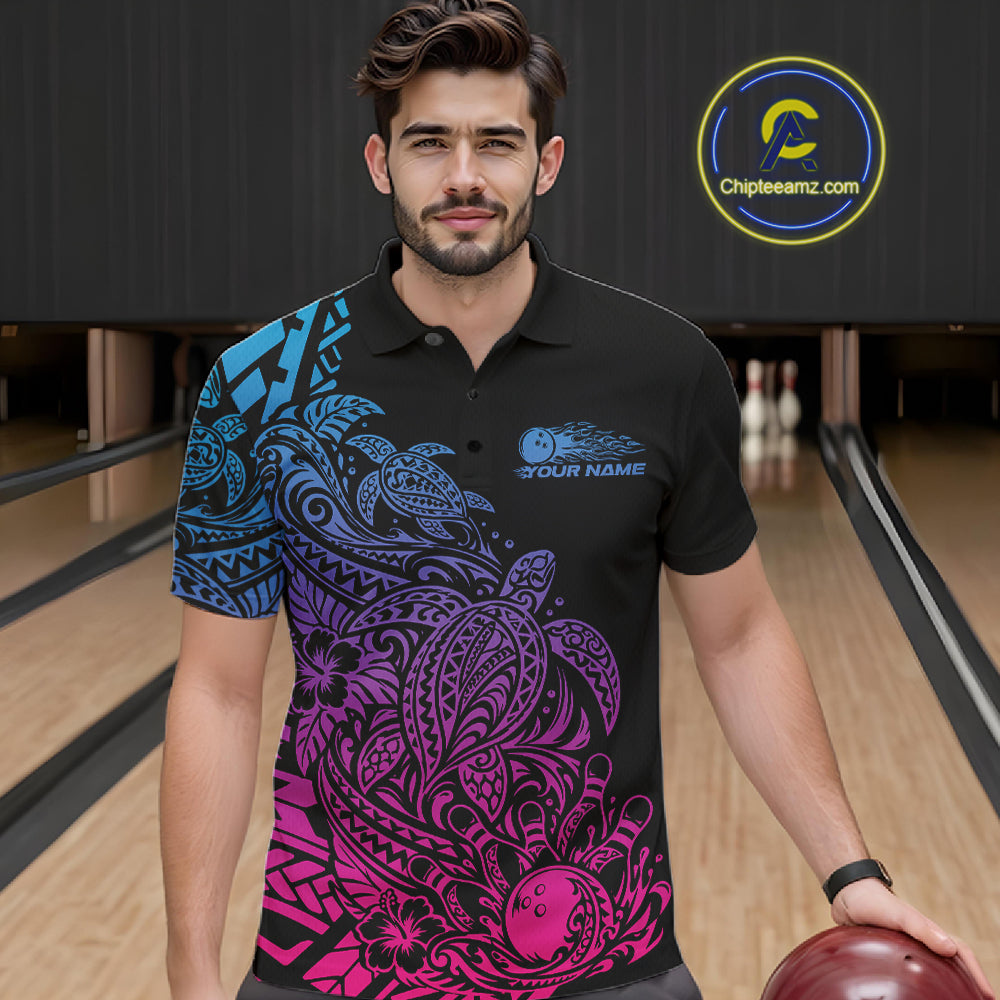Custom Blue Purple And Pink Tribal Turtle Bowling Men Polo, Polynesian Bowling Outfit IPHW12706