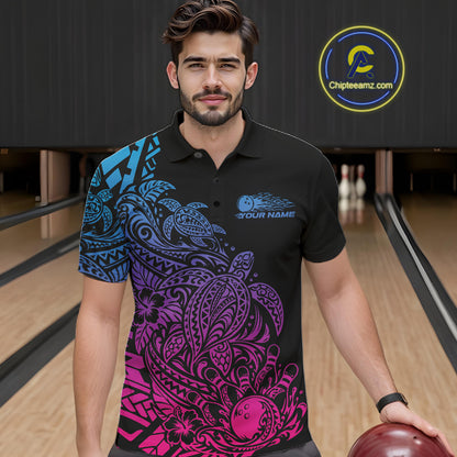 Custom Blue Purple And Pink Tribal Turtle Bowling Men Polo, Polynesian Bowling Outfit IPHW12706