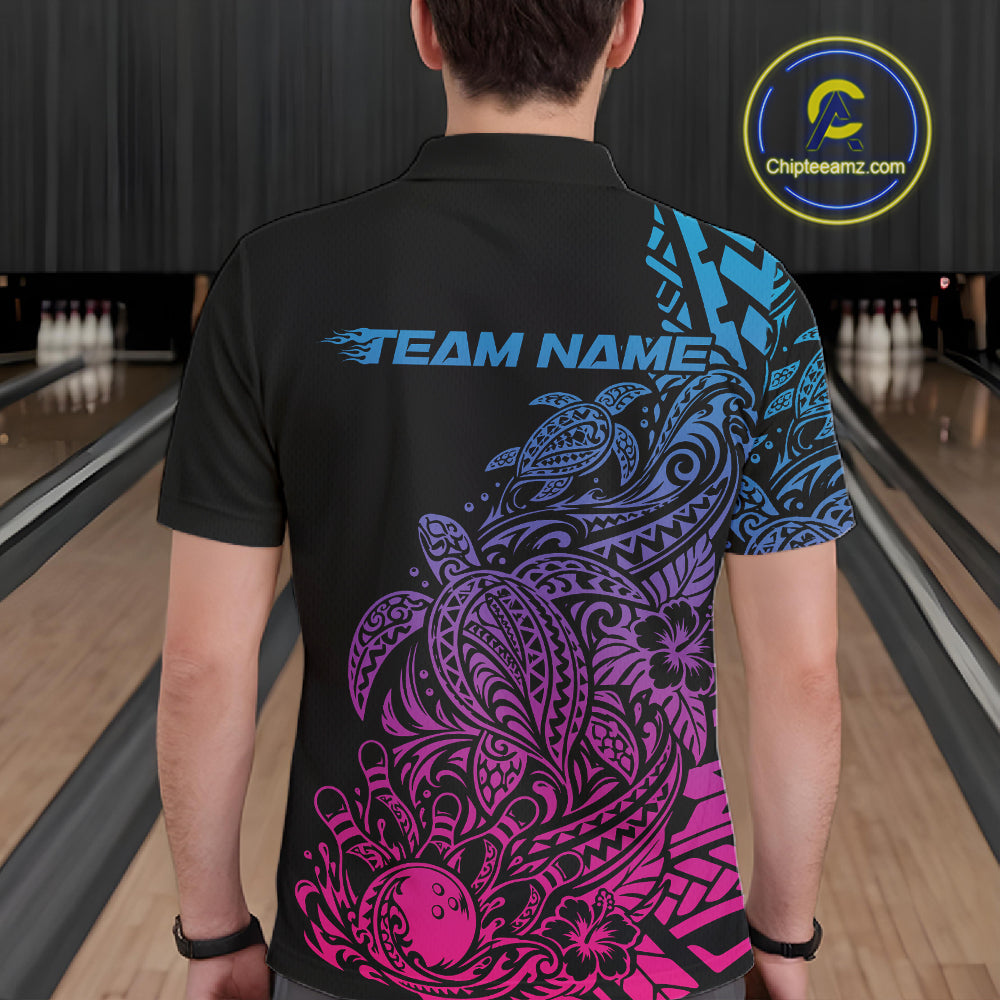 Custom Blue Purple And Pink Tribal Turtle Bowling Men Polo, Polynesian Bowling Outfit IPHW12706
