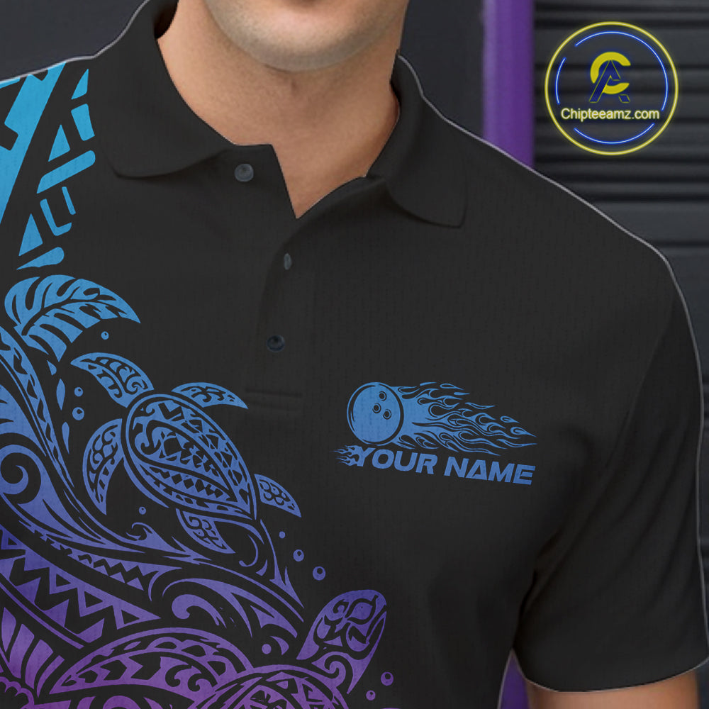 Custom Blue Purple And Pink Tribal Turtle Bowling Men Polo, Polynesian Bowling Outfit IPHW12706