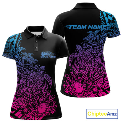 Custom Blue Purple And Pink Tribal Turtle Bowling Women Polo, Polynesian Bowling Outfit IPHW12706