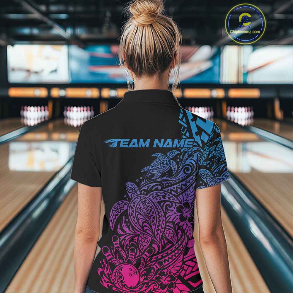 Custom Blue Purple And Pink Tribal Turtle Bowling Women Polo, Polynesian Bowling Outfit IPHW12706