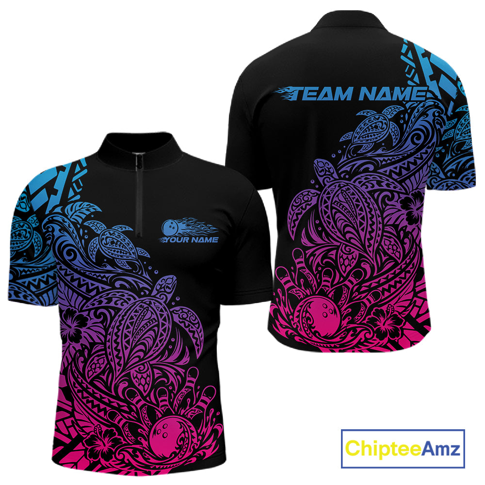 Custom Blue Purple And Pink Tribal Turtle Bowling Men Quarter Zip, Polynesian Bowling Outfit IPHW12706