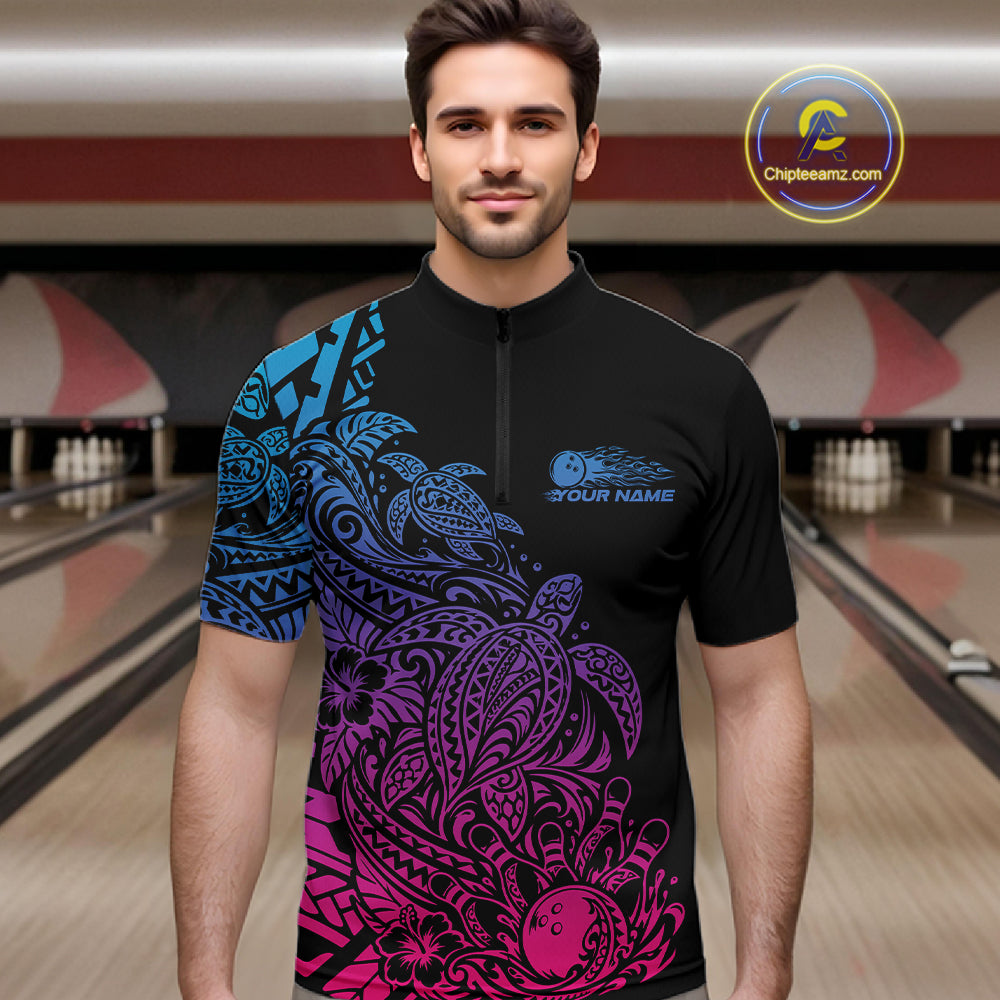 Custom Blue Purple And Pink Tribal Turtle Bowling Men Quarter Zip, Polynesian Bowling Outfit IPHW12706