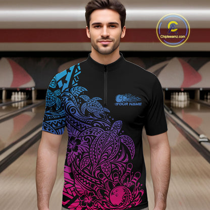 Custom Blue Purple And Pink Tribal Turtle Bowling Men Quarter Zip, Polynesian Bowling Outfit IPHW12706