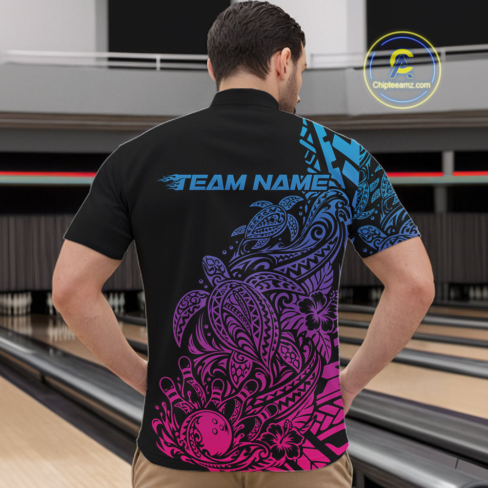 Custom Blue Purple And Pink Tribal Turtle Bowling Men Quarter Zip, Polynesian Bowling Outfit IPHW12706