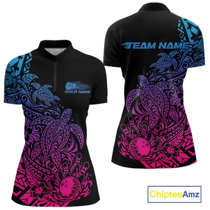 Custom Blue Purple And Pink Tribal Turtle Bowling Women Quarter-Zip, Polynesian Bowling IPHW12706