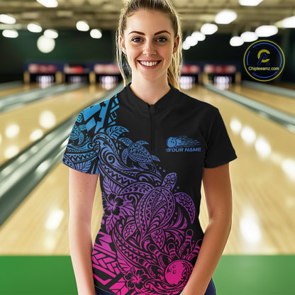 Custom Blue Purple And Pink Tribal Turtle Bowling Women Quarter-Zip, Polynesian Bowling IPHW12706