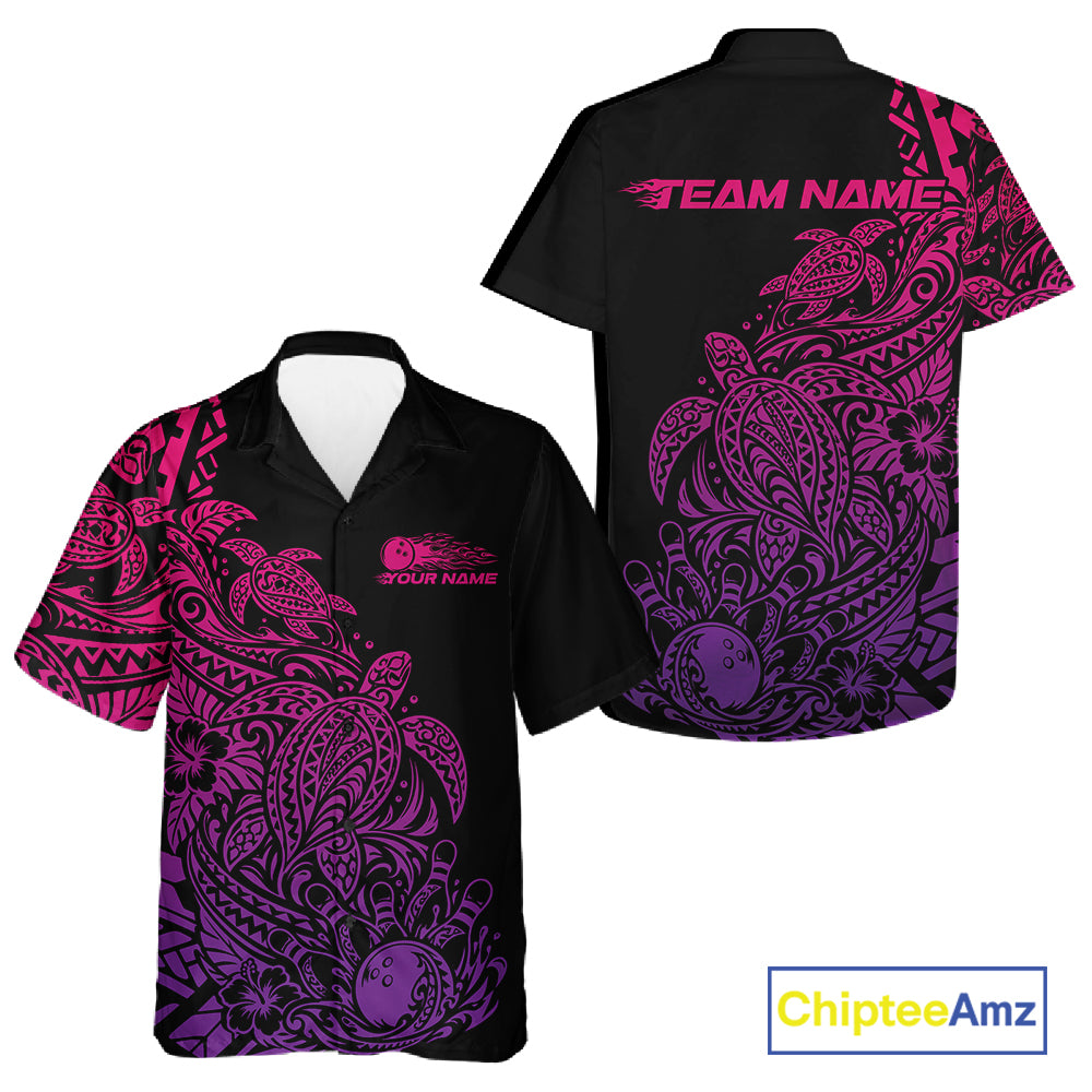 Custom Pink And Purple Tribal Turtle Bowling Men And Women Button Up, Polynesian Bowling Outfit IPHW12707