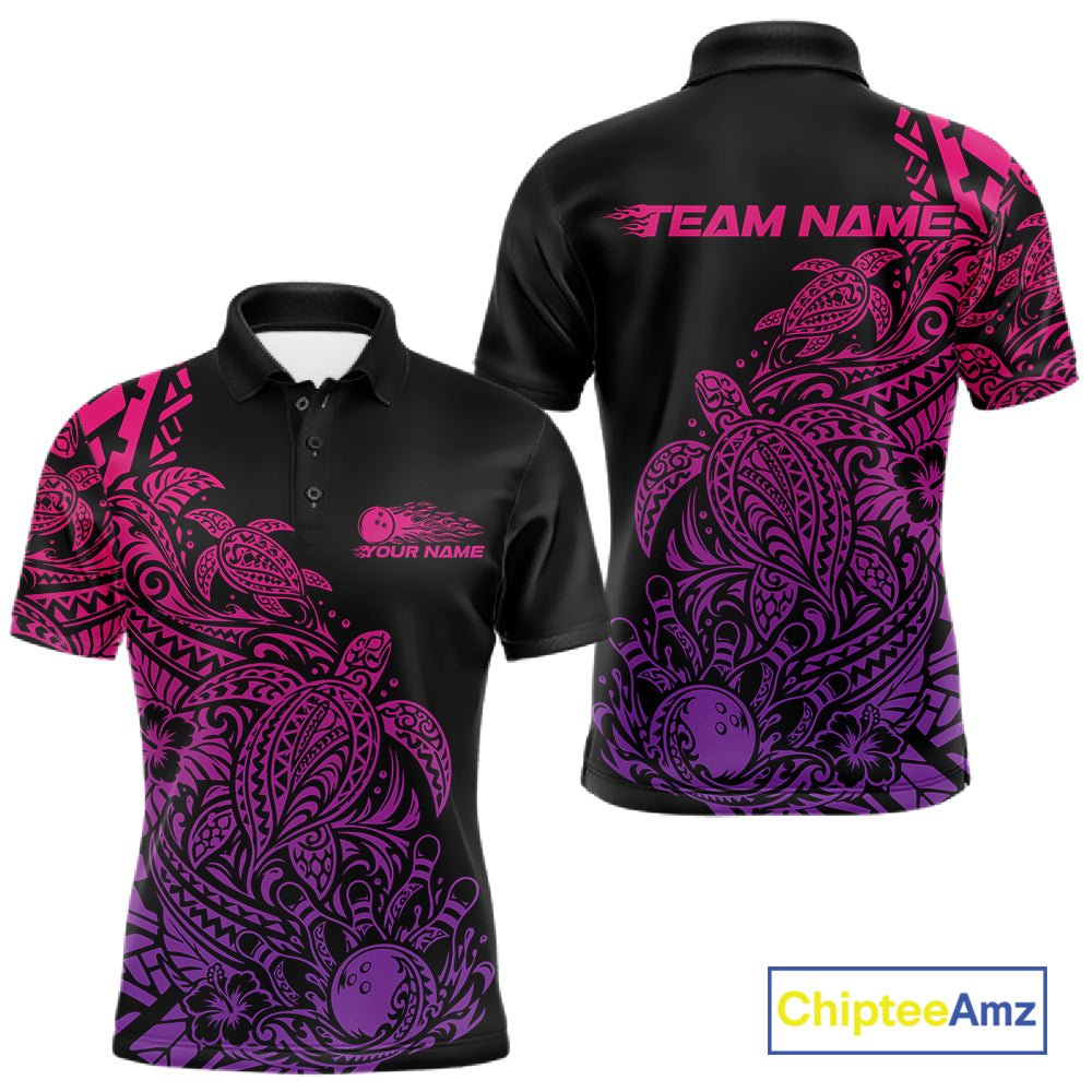 Custom Pink And Purple Tribal Turtle Bowling Men Polo, Polynesian Bowling Outfit IPHW12707