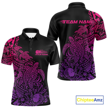 Custom Pink And Purple Tribal Turtle Bowling Men Polo, Polynesian Bowling Outfit IPHW12707