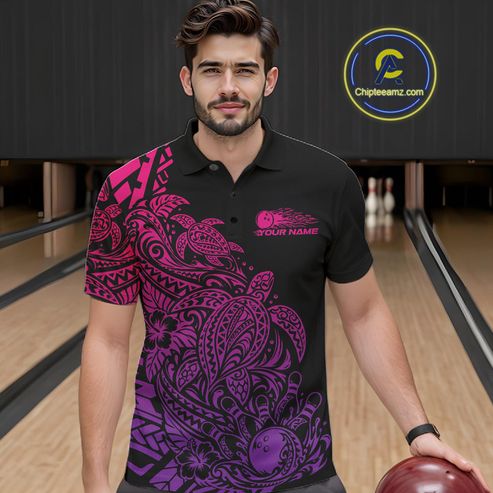 Custom Pink And Purple Tribal Turtle Bowling Men Polo, Polynesian Bowling Outfit IPHW12707