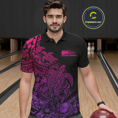 Custom Pink And Purple Tribal Turtle Bowling Men Polo, Polynesian Bowling Outfit IPHW12707