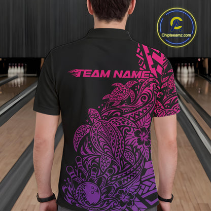 Custom Pink And Purple Tribal Turtle Bowling Men Polo, Polynesian Bowling Outfit IPHW12707