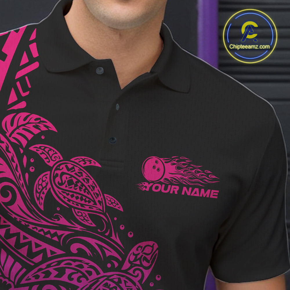 Custom Pink And Purple Tribal Turtle Bowling Men Polo, Polynesian Bowling Outfit IPHW12707