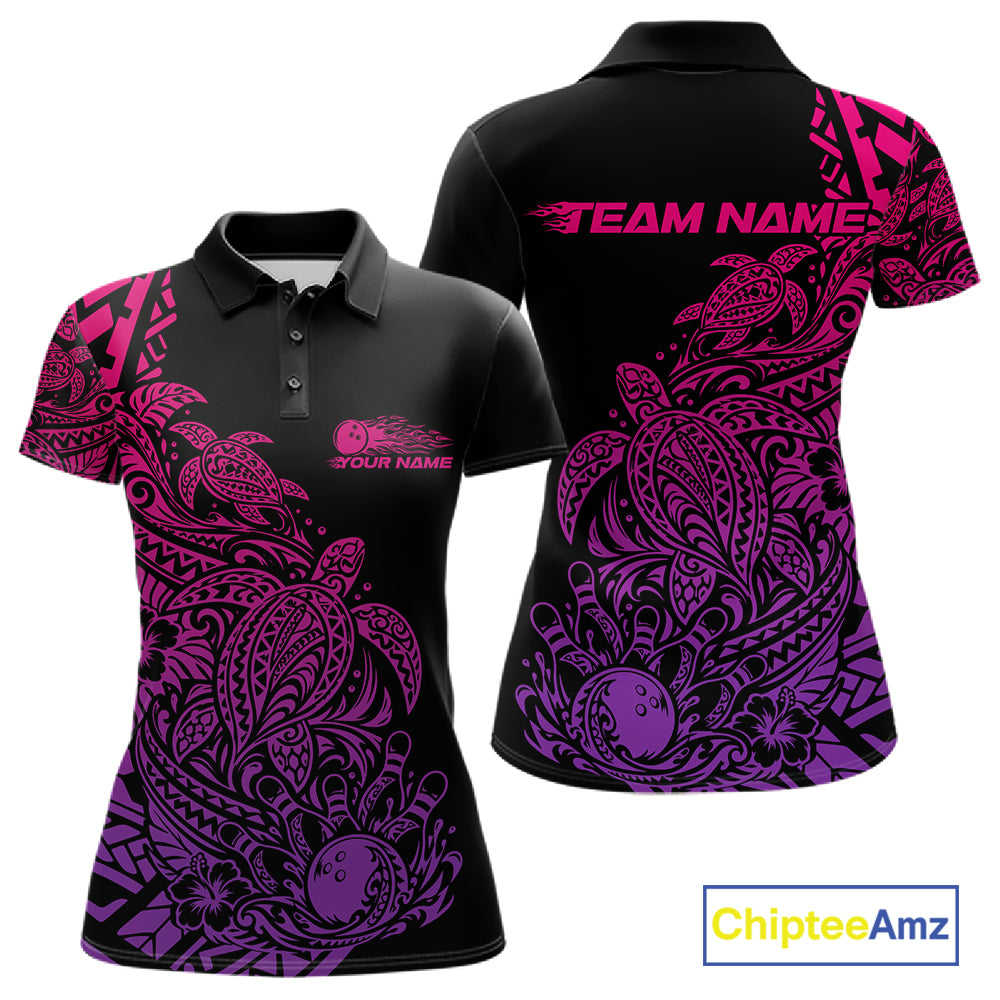 Custom Pink And Purple Tribal Turtle Bowling Women Polo, Polynesian Bowling Outfit IPHW12707