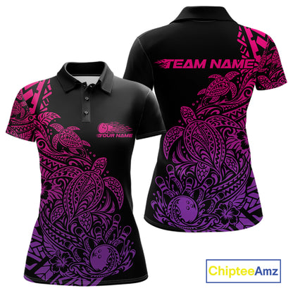 Custom Pink And Purple Tribal Turtle Bowling Women Polo, Polynesian Bowling Outfit IPHW12707