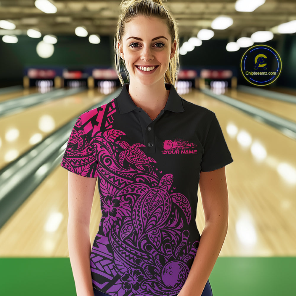 Custom Pink And Purple Tribal Turtle Bowling Women Polo, Polynesian Bowling Outfit IPHW12707