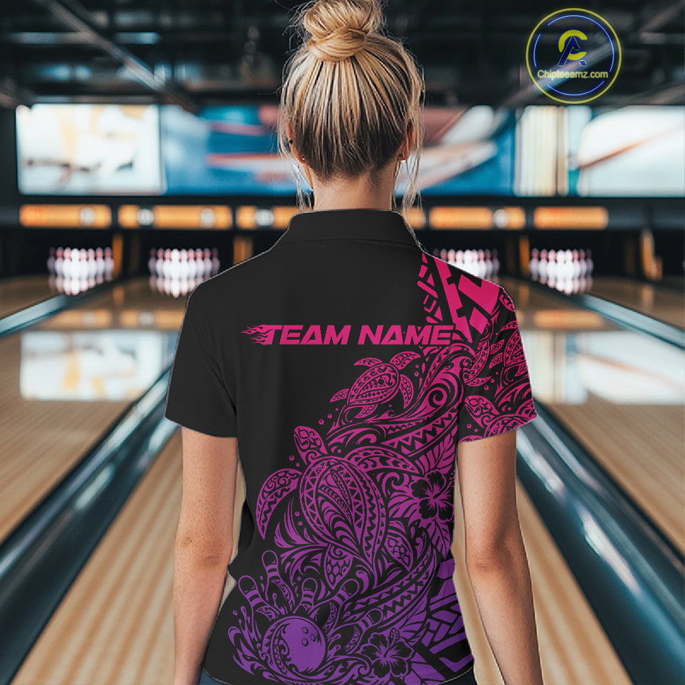 Custom Pink And Purple Tribal Turtle Bowling Women Polo, Polynesian Bowling Outfit IPHW12707