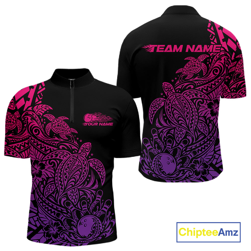 Custom Pink And Purple Tribal Turtle Bowling Men Quarter Zip, Polynesian Bowling Outfit IPHW12707