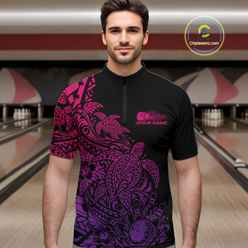 Custom Pink And Purple Tribal Turtle Bowling Men Quarter Zip, Polynesian Bowling Outfit IPHW12707