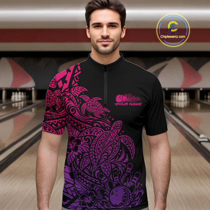 Custom Pink And Purple Tribal Turtle Bowling Men Quarter Zip, Polynesian Bowling Outfit IPHW12707