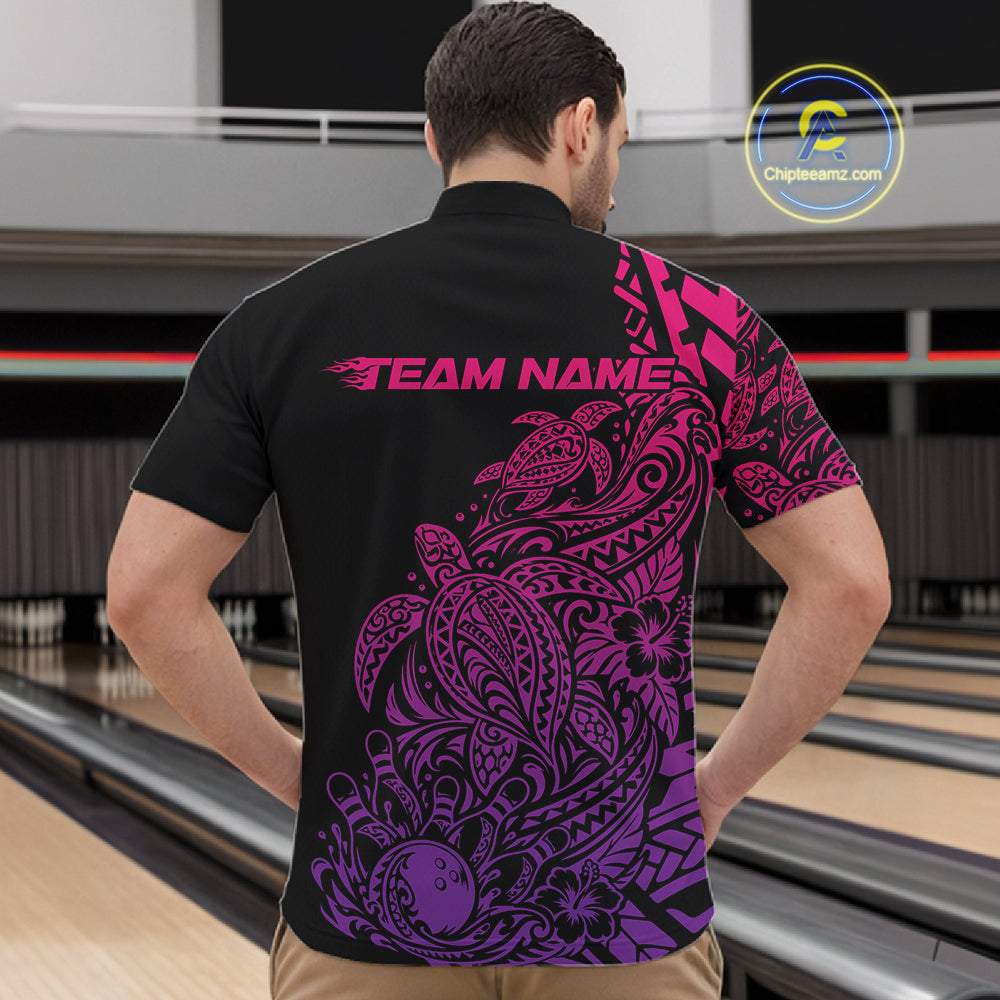 Custom Pink And Purple Tribal Turtle Bowling Men Quarter Zip, Polynesian Bowling Outfit IPHW12707