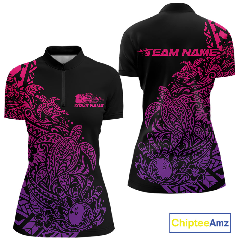 Custom Pink And Purple Tribal Turtle Bowling Women Quarter-Zip, Polynesian Bowling IPHW12707