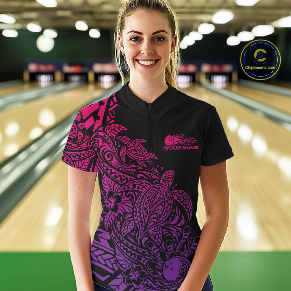 Custom Pink And Purple Tribal Turtle Bowling Women Quarter-Zip, Polynesian Bowling IPHW12707