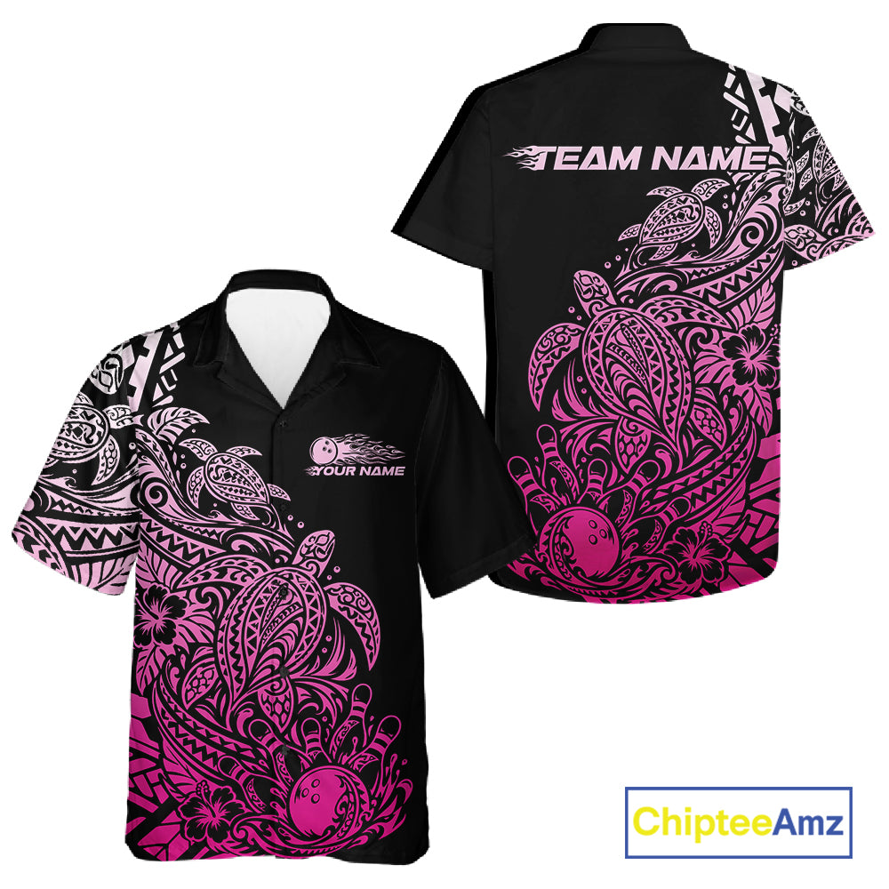 Custom Black And Pink Tribal Turtle Bowling Men And Women Button Up, Polynesian Bowling Outfit IPHW12708