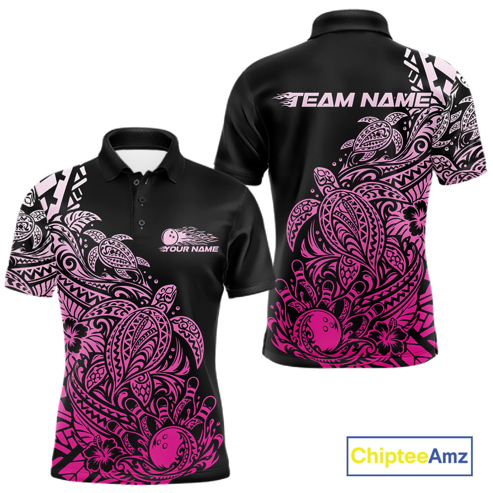 Custom Black And Pink Tribal Turtle Bowling Men Polo, Polynesian Bowling Outfit IPHW12708