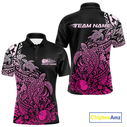 Custom Black And Pink Tribal Turtle Bowling Men Polo, Polynesian Bowling Outfit IPHW12708