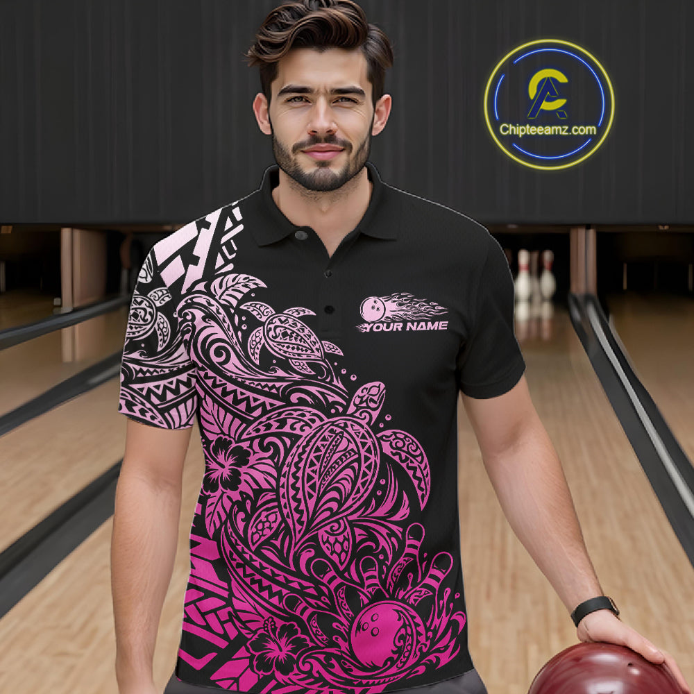 Custom Black And Pink Tribal Turtle Bowling Men Polo, Polynesian Bowling Outfit IPHW12708