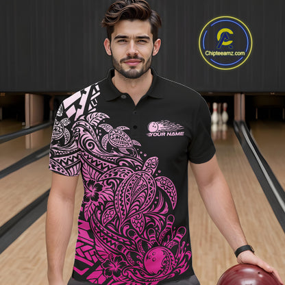 Custom Black And Pink Tribal Turtle Bowling Men Polo, Polynesian Bowling Outfit IPHW12708
