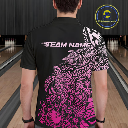 Custom Black And Pink Tribal Turtle Bowling Men Polo, Polynesian Bowling Outfit IPHW12708