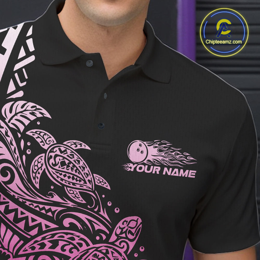 Custom Black And Pink Tribal Turtle Bowling Men Polo, Polynesian Bowling Outfit IPHW12708