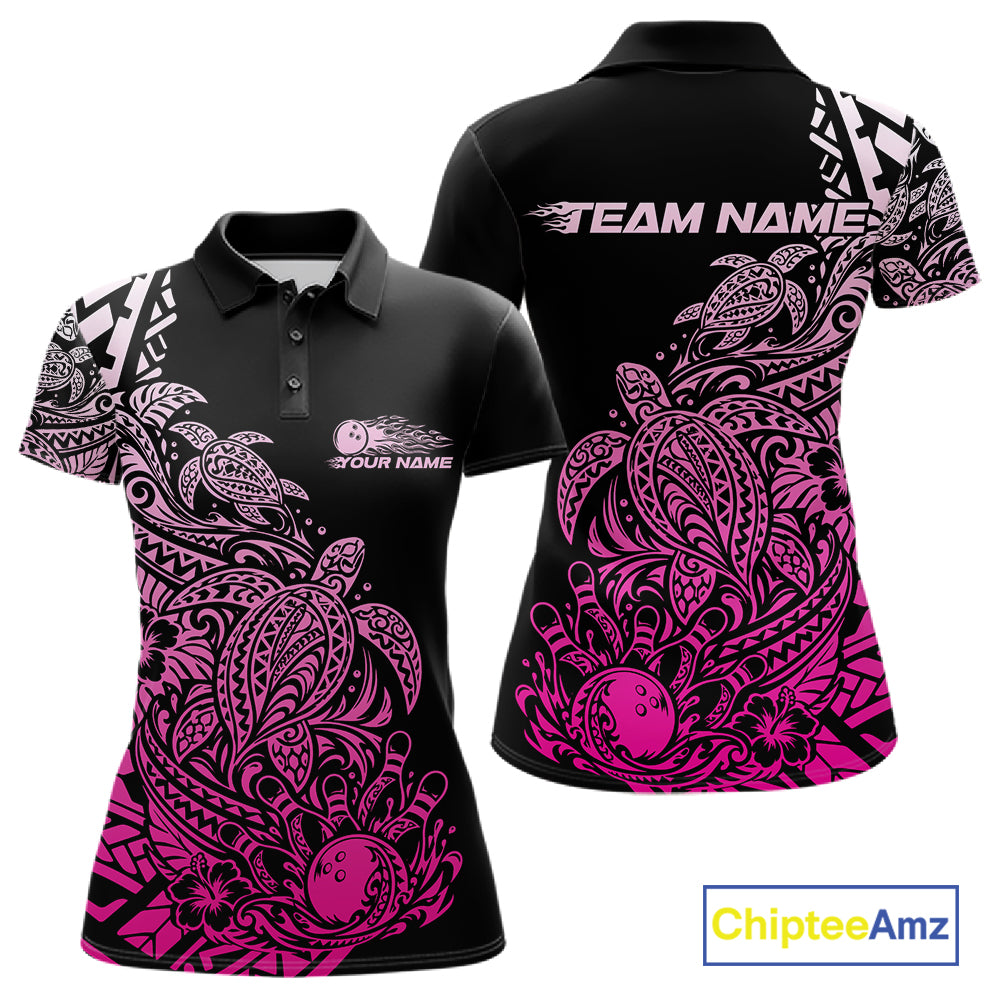 Custom Black And Pink Tribal Turtle Bowling Women Polo, Polynesian Bowling Outfit IPHW12708