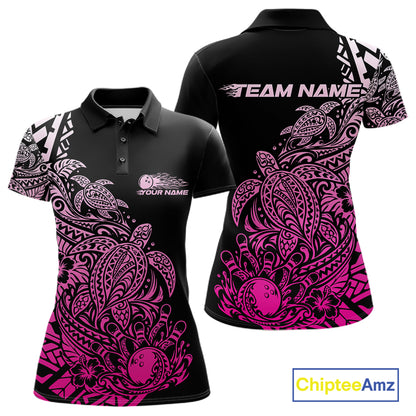Custom Black And Pink Tribal Turtle Bowling Women Polo, Polynesian Bowling Outfit IPHW12708