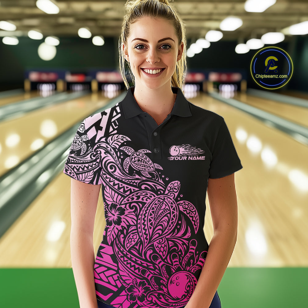 Custom Black And Pink Tribal Turtle Bowling Women Polo, Polynesian Bowling Outfit IPHW12708