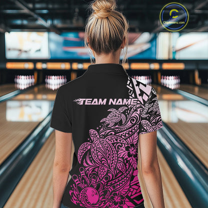 Custom Black And Pink Tribal Turtle Bowling Women Polo, Polynesian Bowling Outfit IPHW12708