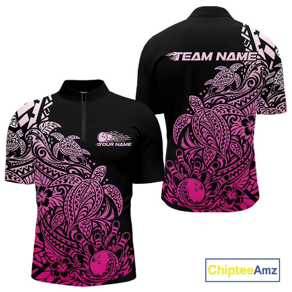 Custom Black And Pink Tribal Turtle Bowling Men Quarter Zip, Polynesian Bowling Outfit IPHW12708