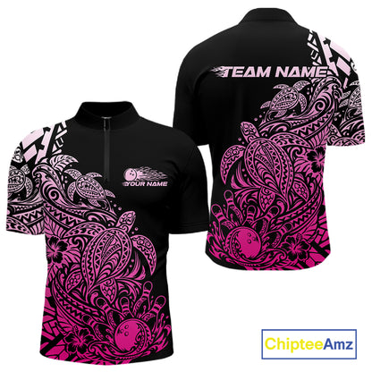 Custom Black And Pink Tribal Turtle Bowling Men Quarter Zip, Polynesian Bowling Outfit IPHW12708