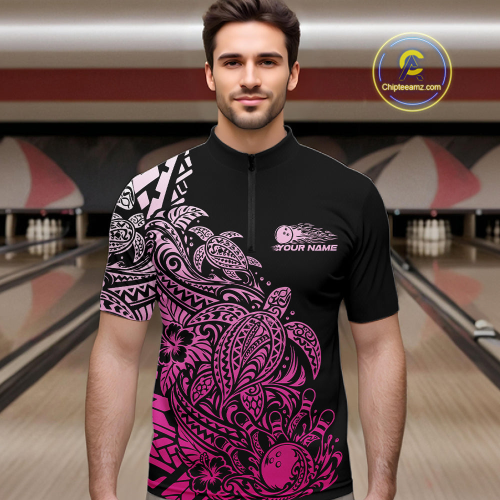 Custom Black And Pink Tribal Turtle Bowling Men Quarter Zip, Polynesian Bowling Outfit IPHW12708