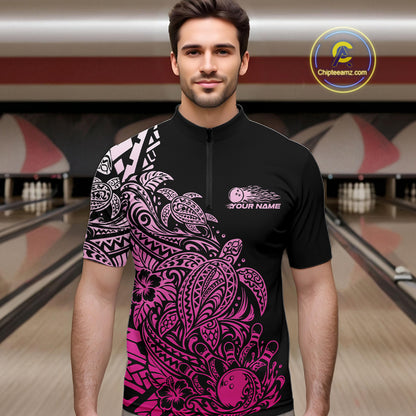 Custom Black And Pink Tribal Turtle Bowling Men Quarter Zip, Polynesian Bowling Outfit IPHW12708